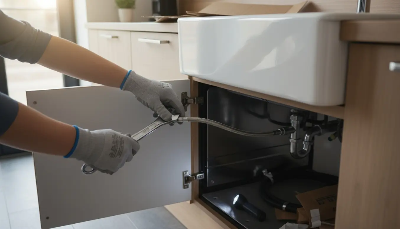 Hænder forbinder vandtilslutning til en ny smal opvaskemaskine under køkkenvasken.