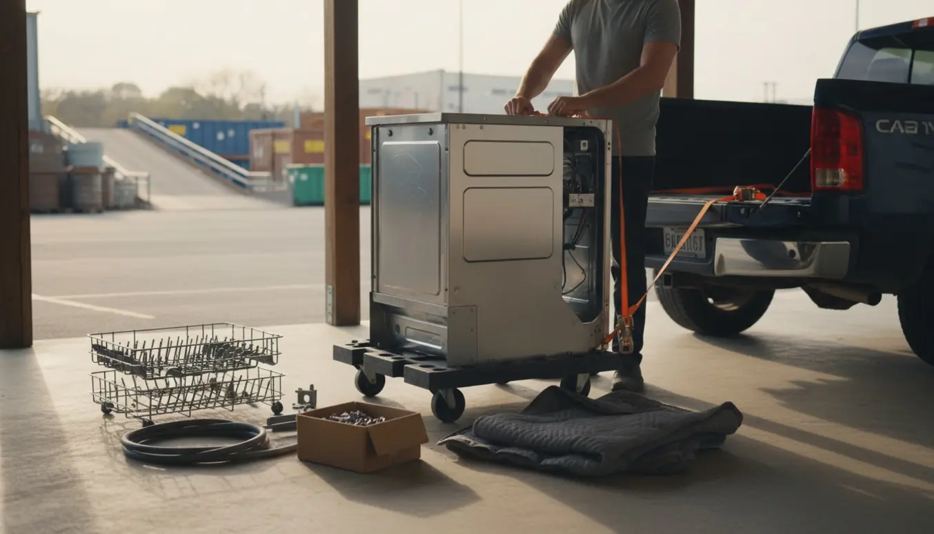 Afmonteret opvaskemaskine på flyttevogn i carport klar til afhentning.