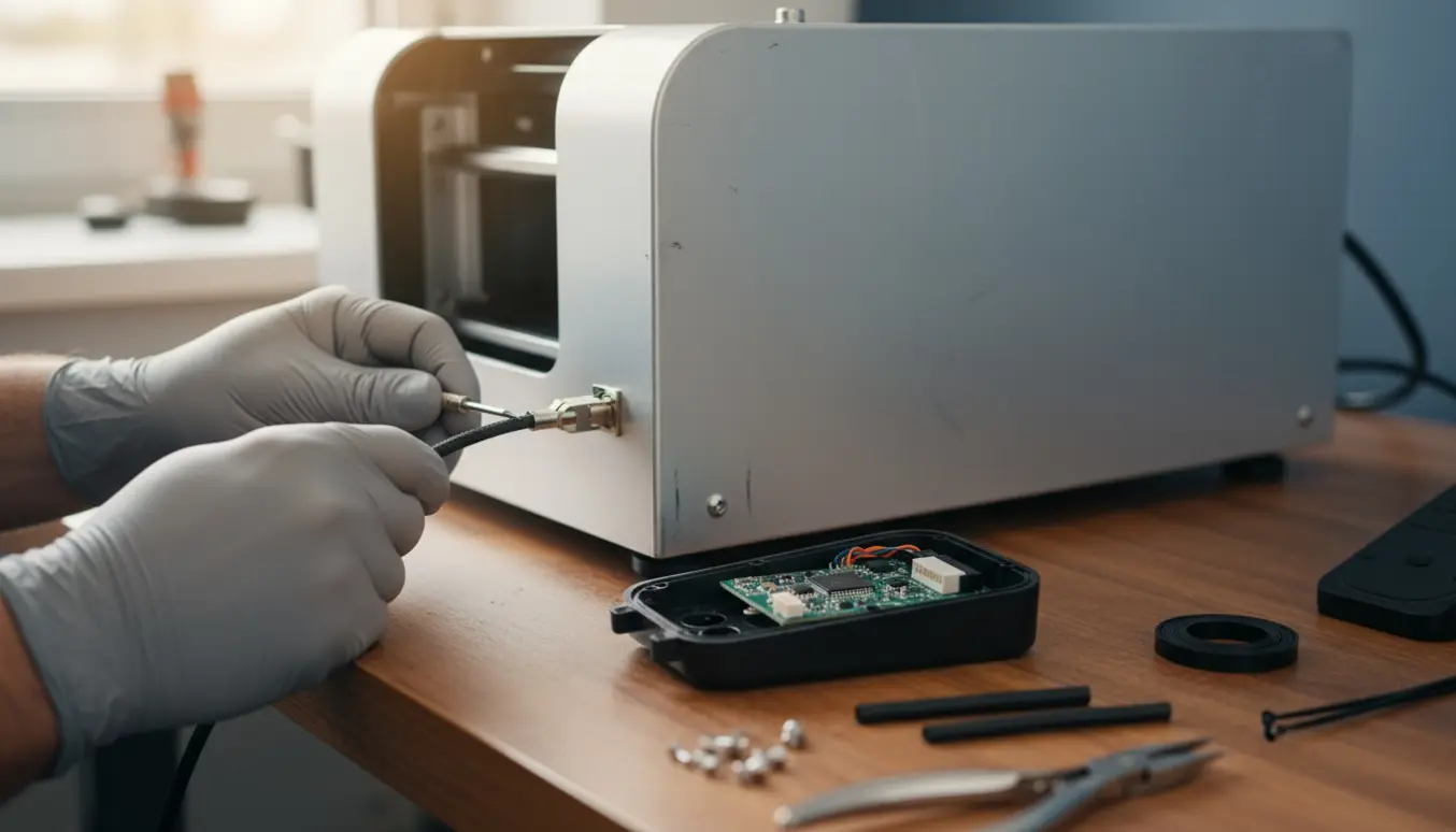 Hænder reparerer en løs fodpedalsledning på en lasermaskine på et værkstedsbord.