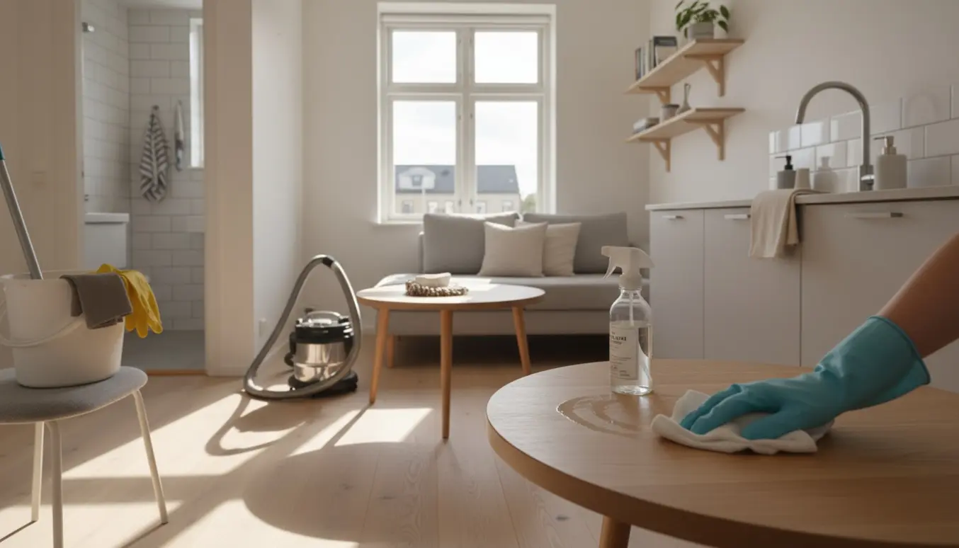 Soloplyst lille to-værelses lejlighed under rengøring med handske‑klædt hånd, mikrofiberklud og rengøringsudstyr.
