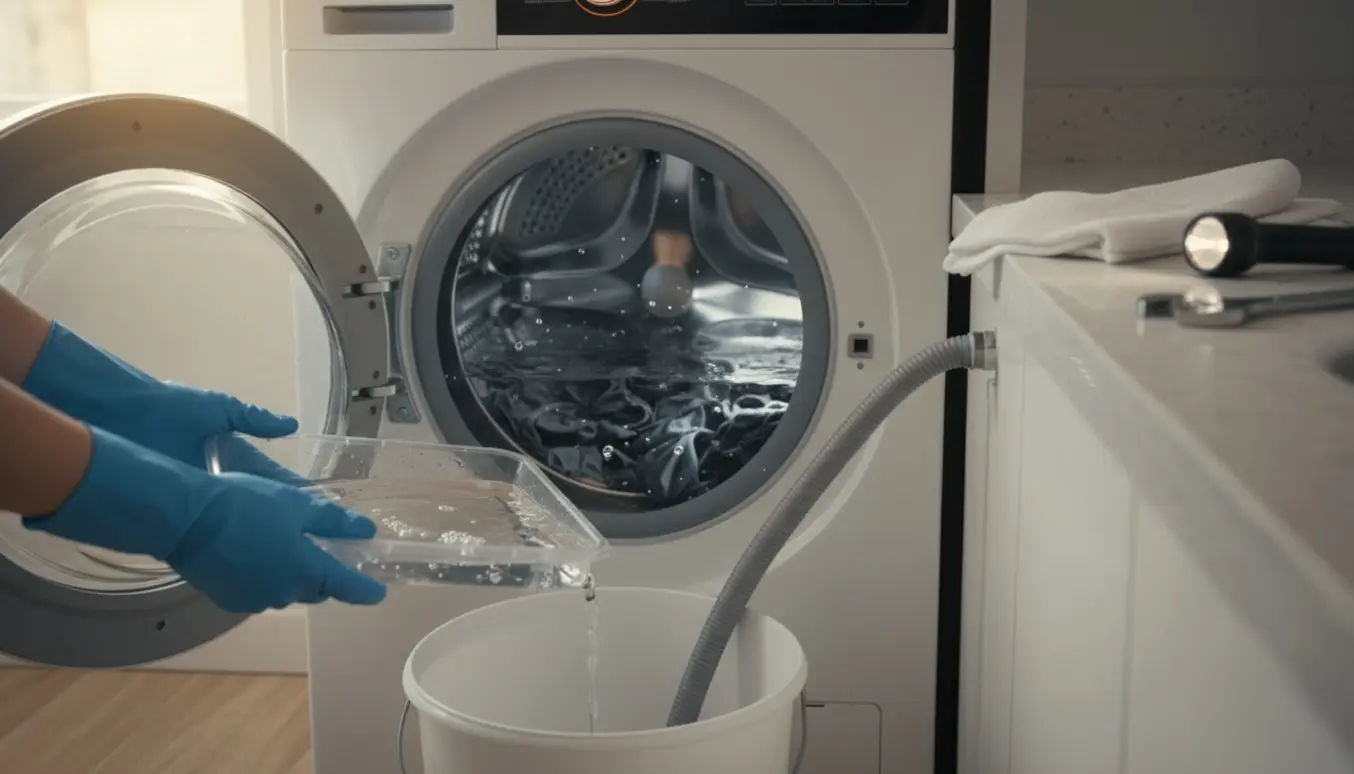 Åben frontbetjent vaskemaskine med vand i tromlen, hænder tømmer vand i en spand.