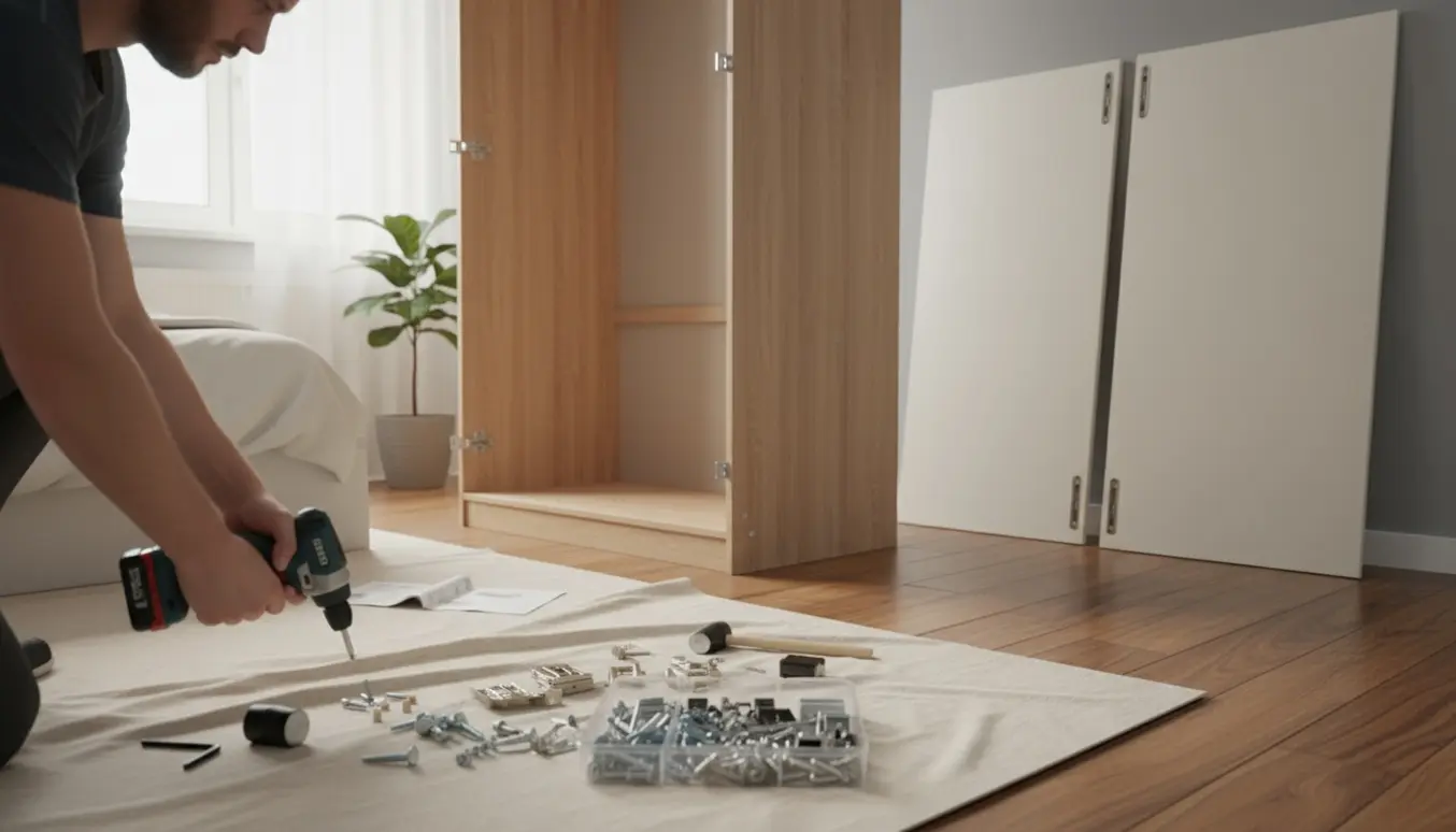 Delvist samlet 150 cm garderobeskab i lyst soveværelse med værktøj og hænder i arbejde.