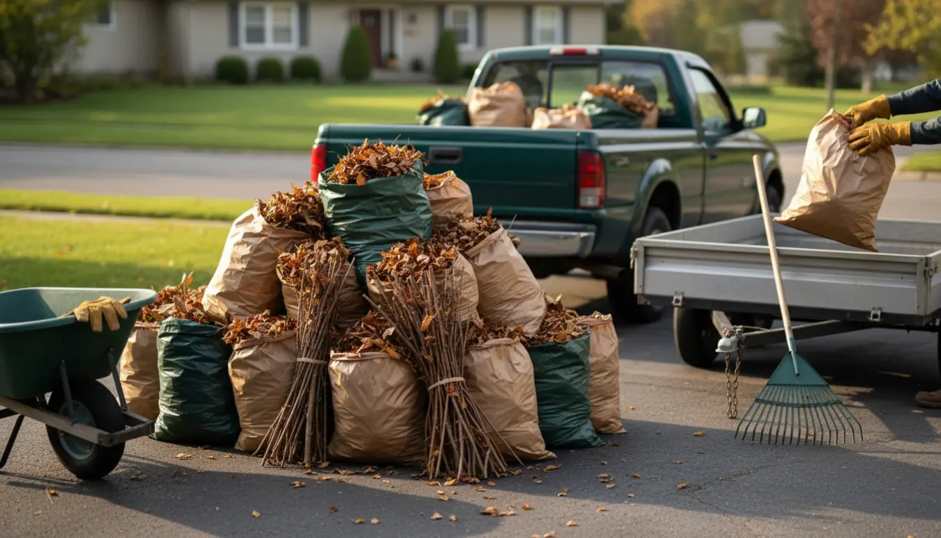 Ca. 15 sække med blade og grene stablet ved indkørslen klar til afhentning.