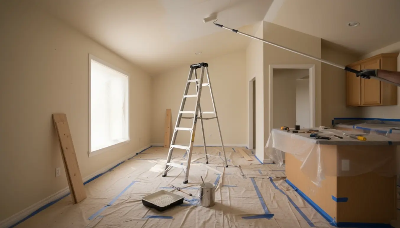 Professionel stige og malerudstyr i et køkkenalrum klar til at male et loft til kip.