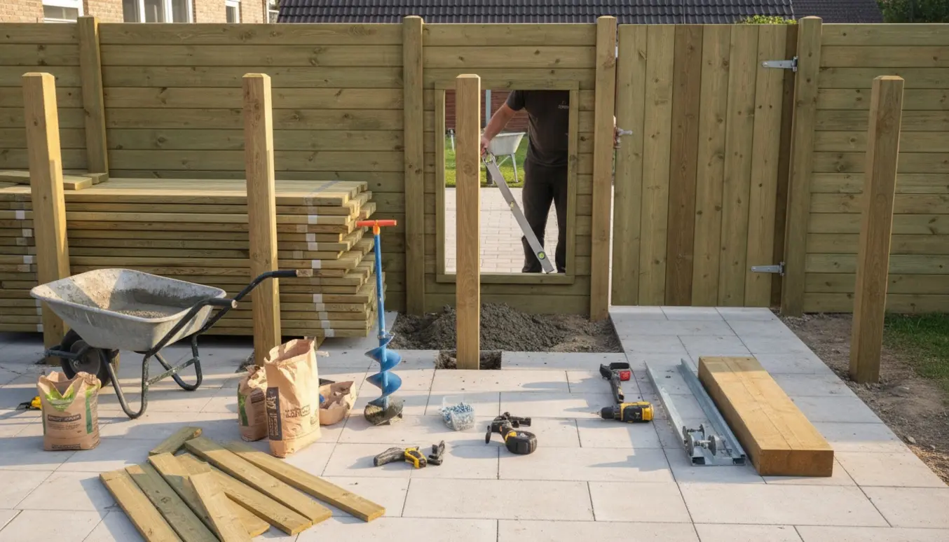 Trykimprægneret hegn og ny låge ved terrasse under montering med værktøj og beton i fokus.