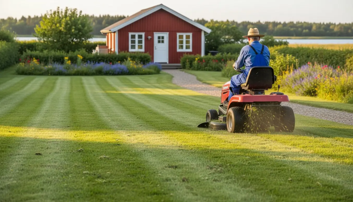 En ride-on græsslåmaskine skaber stribede mønstre på en velplejet græsplæne foran et sommerhus på en solrig morgen.