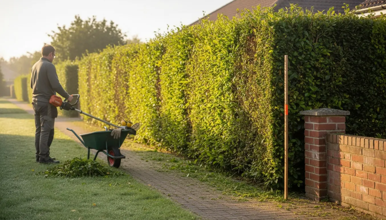 En person trimmer en lang hæk med en motor-hekkeklipper langs en havegang, med markeret målepind og nyklippede grene.