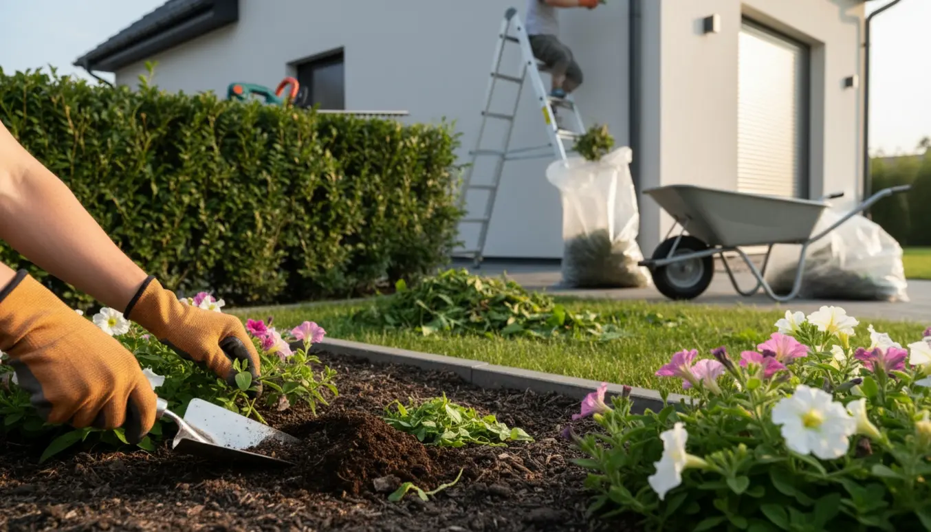 Stige ved husets tagrende, nyklippet hæk, haveredskaber og handsker, der luger bedet.
