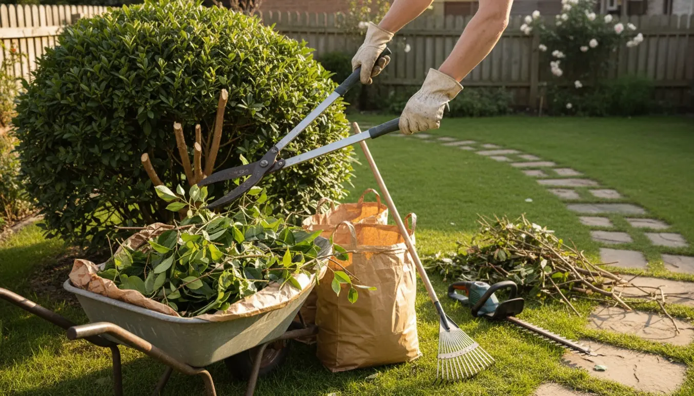 Hænder i handsker klipper en lille busk og læsser haveaffald i en trillebør i en solbeskinnet baghave.