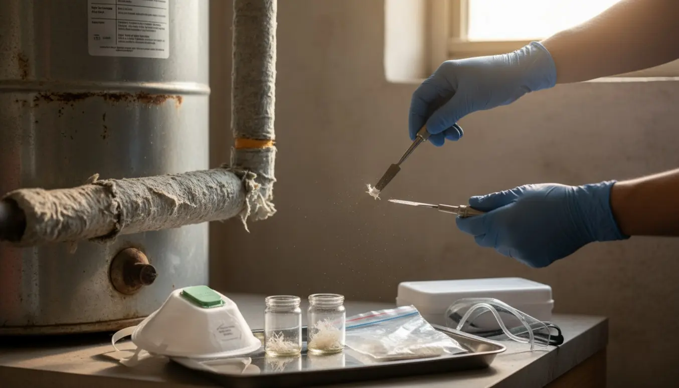 Nærbillede af beskyttede hænder, der tager prøver af gammel rørisolering på en varmtvandsbeholder.