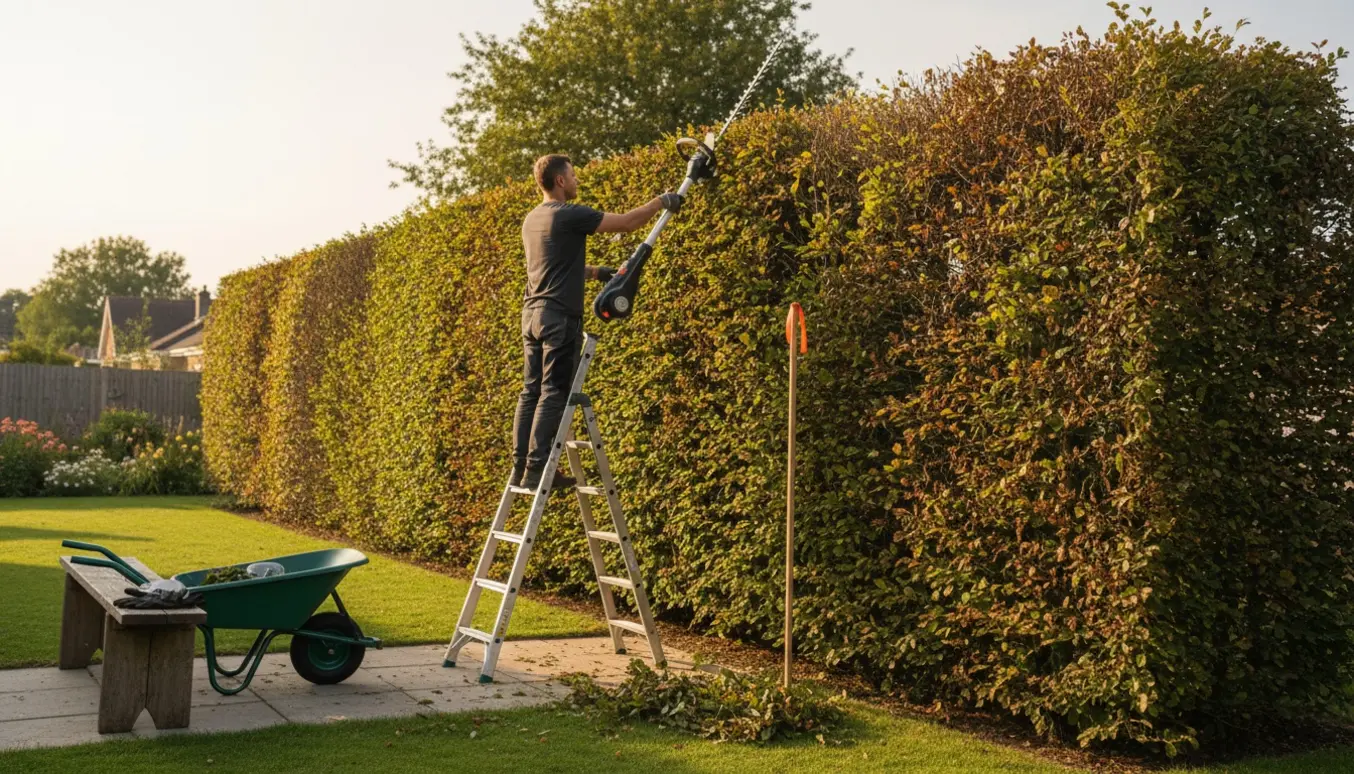 Person beskærer en lang bøgehæk med teleskopisk hækkeklipper og målepind, mens nyklippede afklip ligger i en skubvogn.