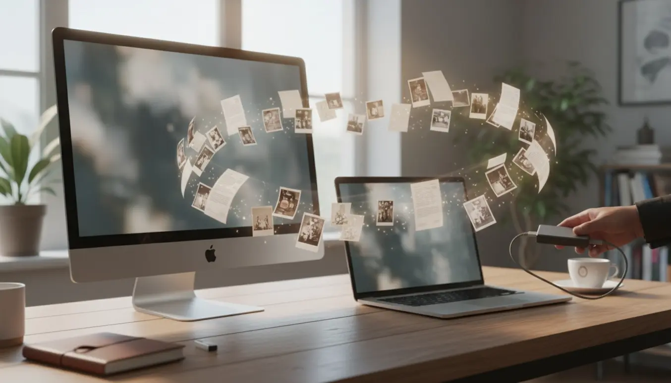 To computere på et skrivebord med papirlignende filer, der mystisk dukker op igen, mens hænder forsøger at stoppe synkroniseringen.