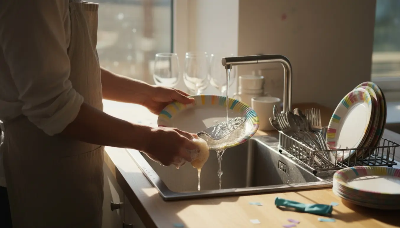 Hænder vasker op og rydder op efter en fødselsdag i et lyst køkken med opvask, glas og konfetti.