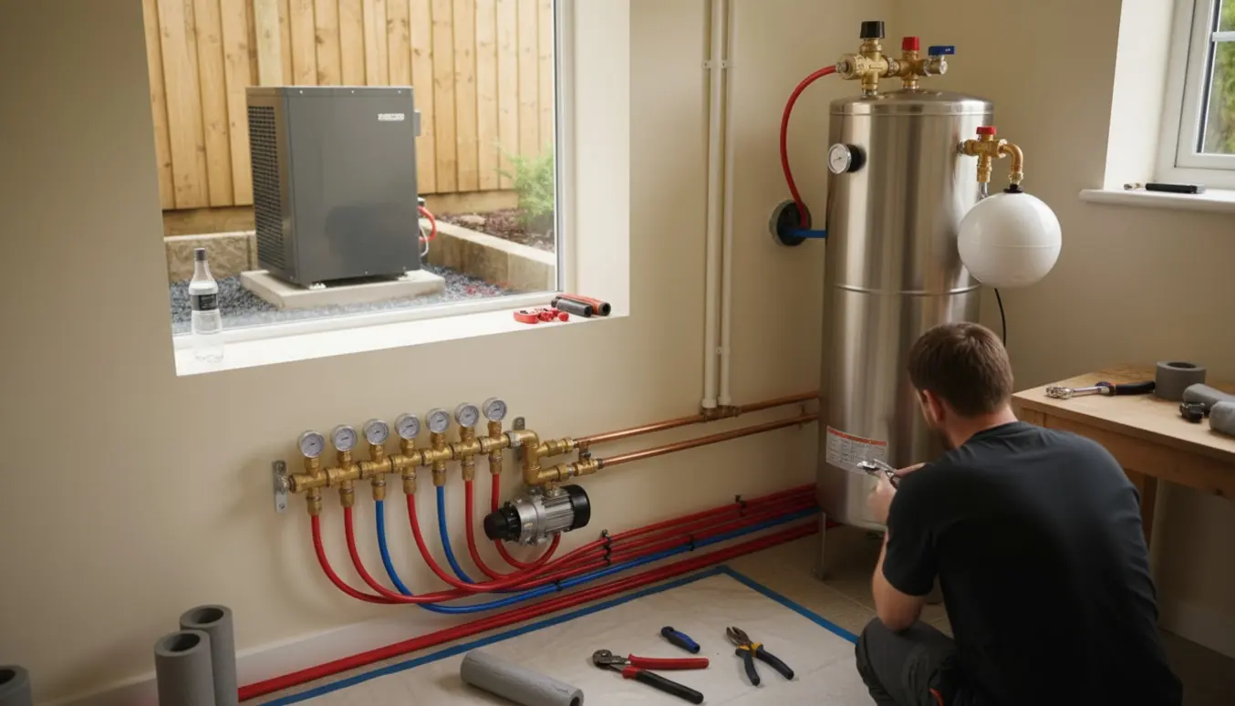 Tekniker justerer tilslutninger ved luft‑vand varmepumpe og gulvvarmefordeler i et lille fritidshus.