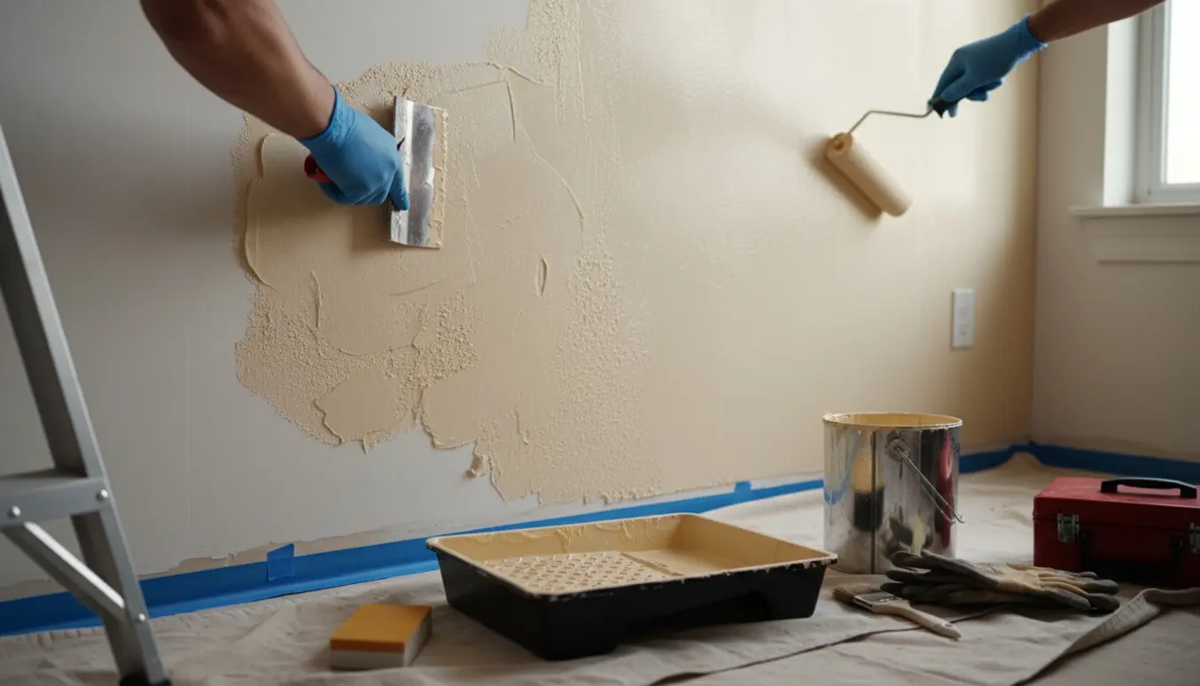 Hænder spartler og maler en væg med rulle og spartel, omgivet af malerudstyr.