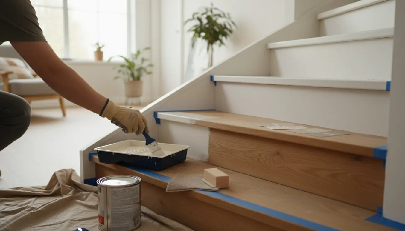 Detaljeret billede af en trappe, hvor en person i handsker maler trinene med pensel, mens en tæpperprøve ligger på et trin.