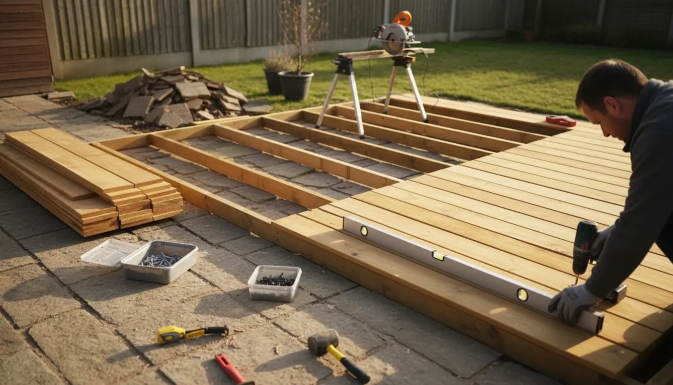 Håndværkere lægger lerketræsbrædder til en terrasse på et område delvist belagt med fliser.