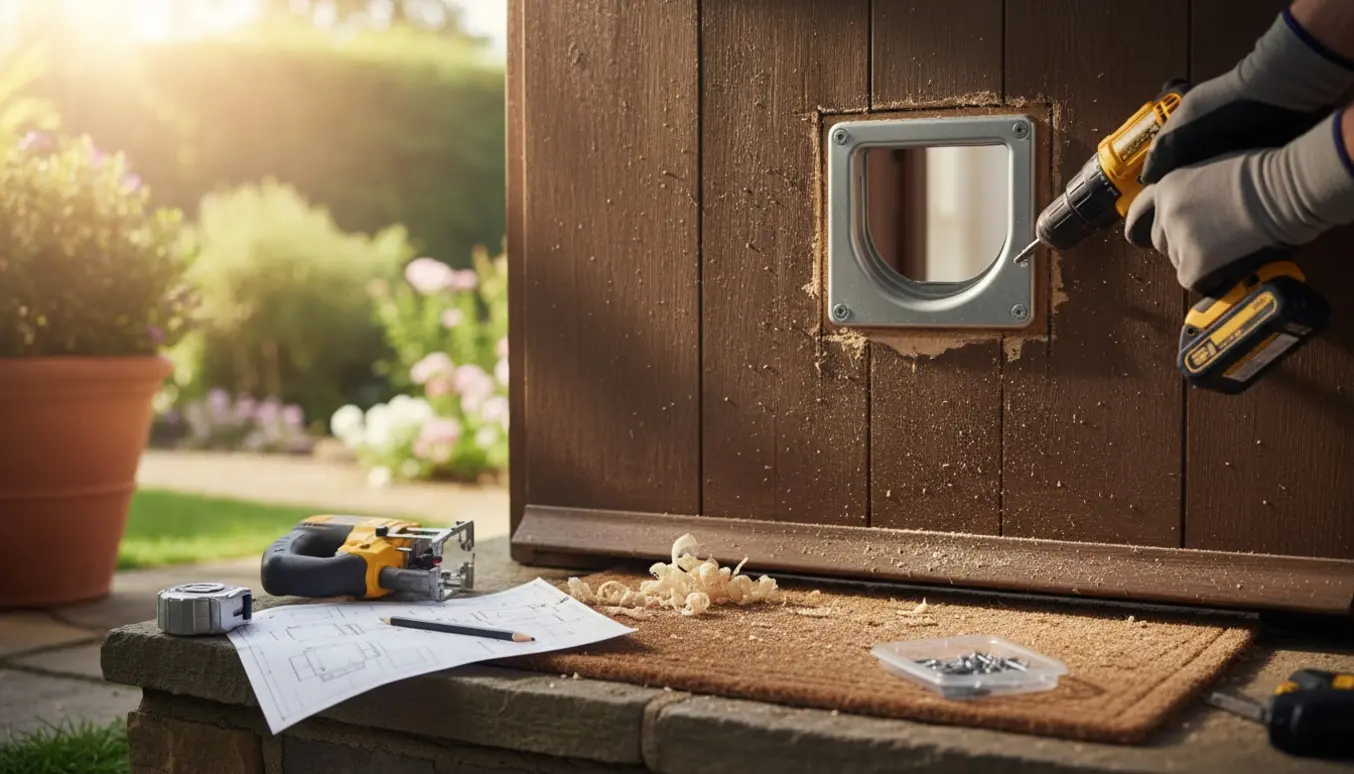 Hænder installerer en kattelem i en yderdør i træ med værktøj og træspåner.