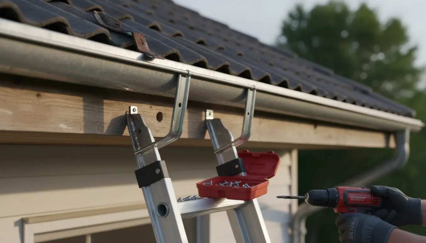 Nærbillede af udskiftning af tagrende-bøjle fra en stige med værktøj og handsker i fokus.