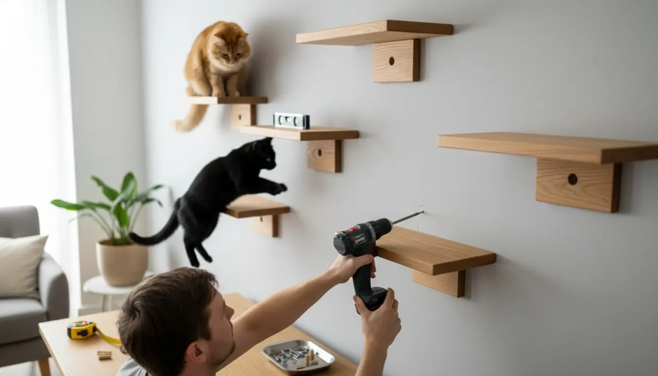 Person monterer seks kattehylder på en lys væg med boremaskine, skruer og rawlplugs, mens katte undersøger hylderne.