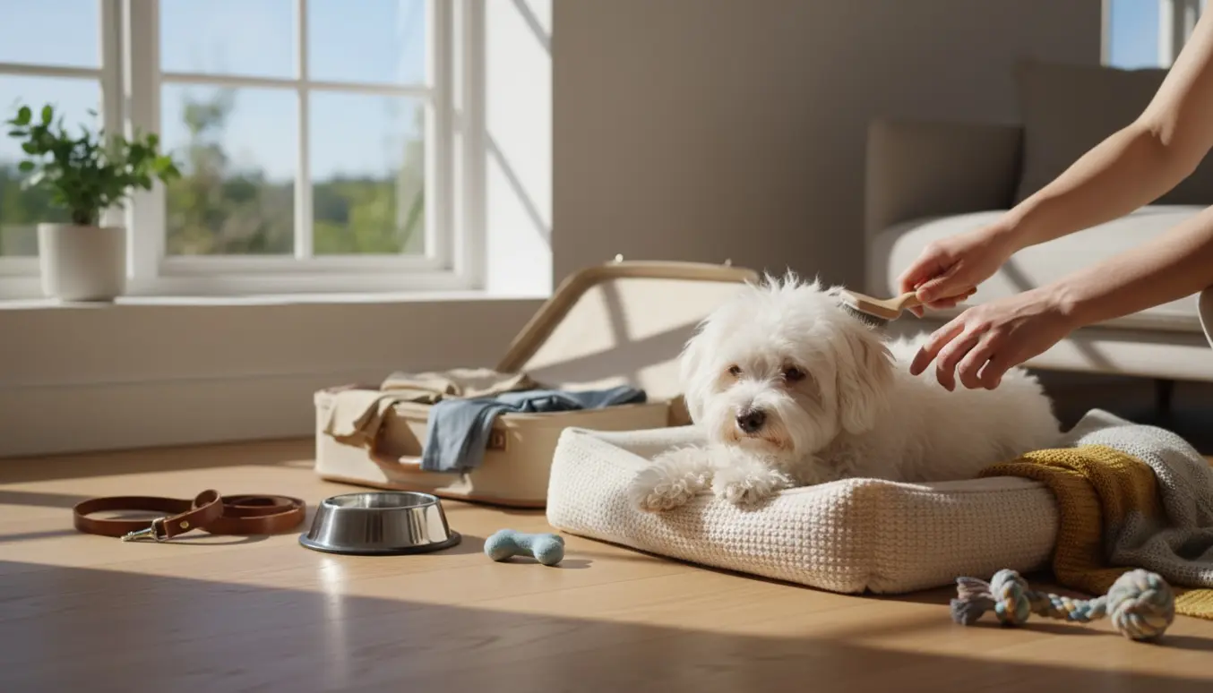 En lille bomuldshund bliver børstet i en lys stue med hundeseng, vandskål og åben rejsetaske.
