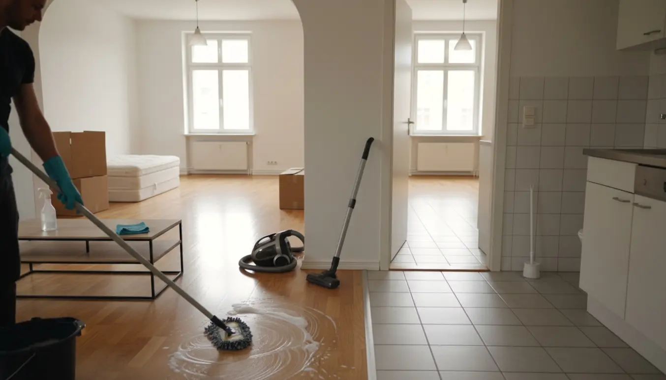 Rengøringsperson mopper gulvet i en tom lejlighed med rengøringsudstyr og flyttekasser.
