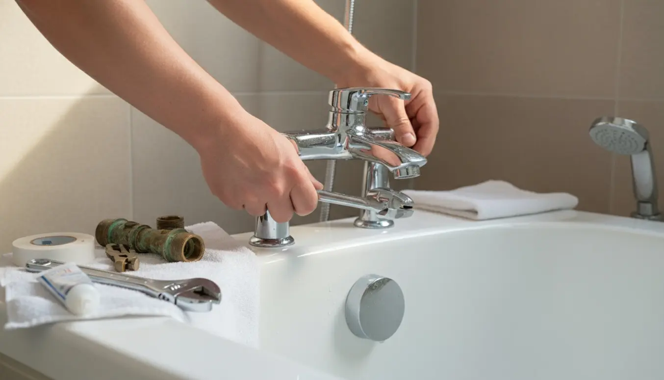 Hænder monterer et nyt krom-armatur på et hvidt badekar med værktøj og fjernede dele ved siden af.