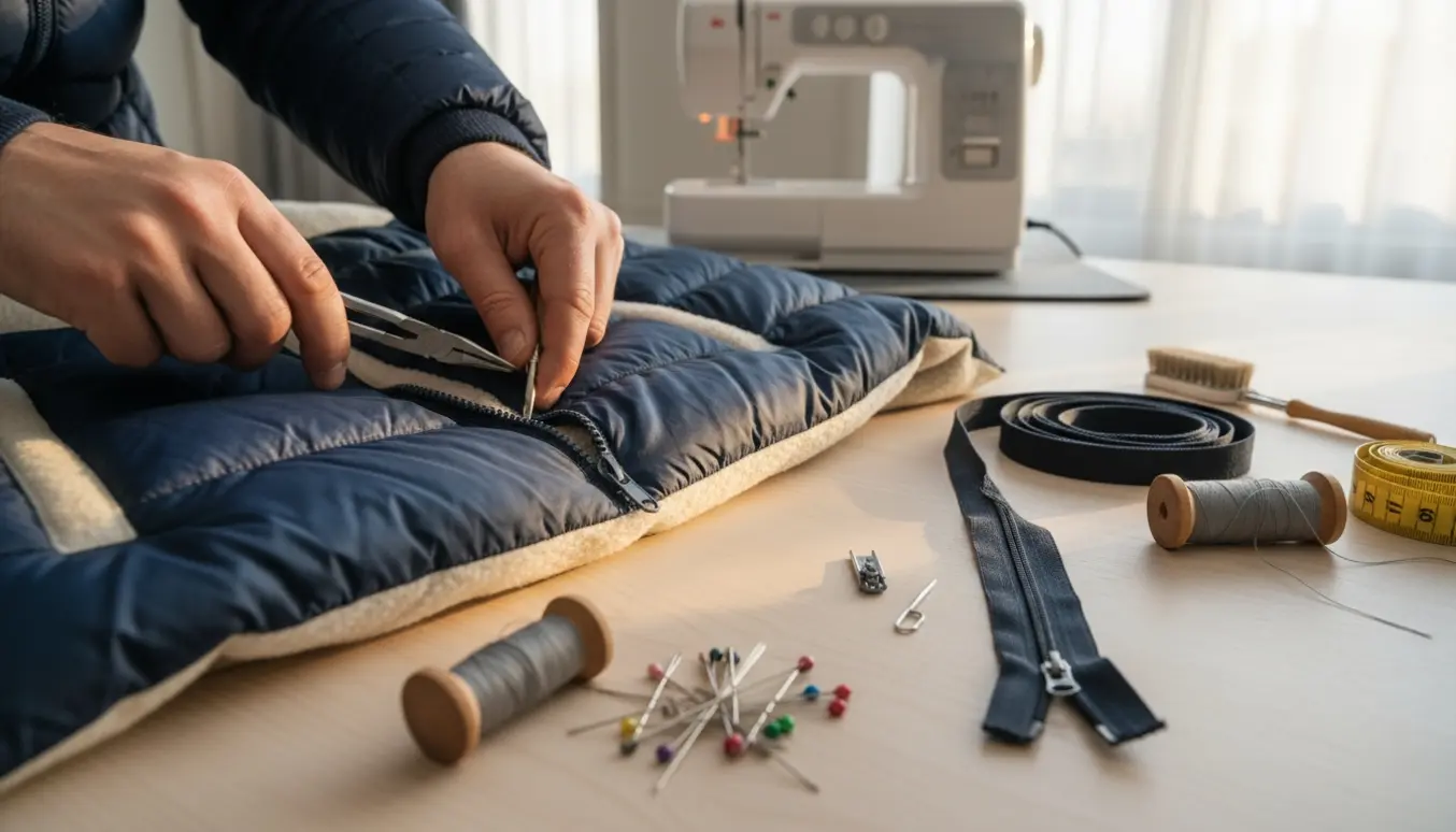 Hænder udskifter en ødelagt lynlås på en vinterjakke ved et lyst sybord.