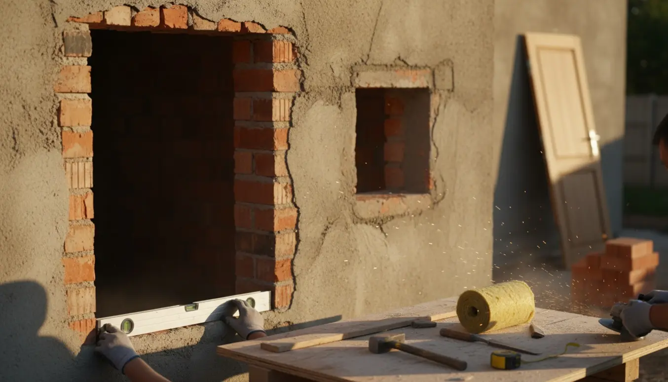 Håndværkere laver nyt dørhul og et lille firkantet vindue i en ydermur.