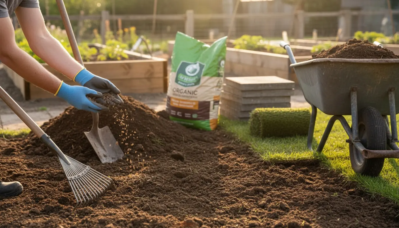 Hænder spreder vilde blomsterfrø på udjævnet jord i en solbeskinnet kolonihave med redskaber og fliser i baggrunden.