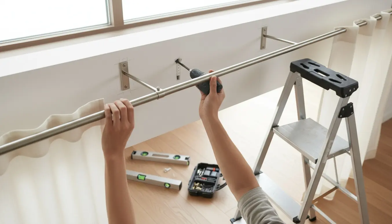 Justerbar gardinstang monteres over et stort vindue med værktøj og gardiner klar til ophæng.