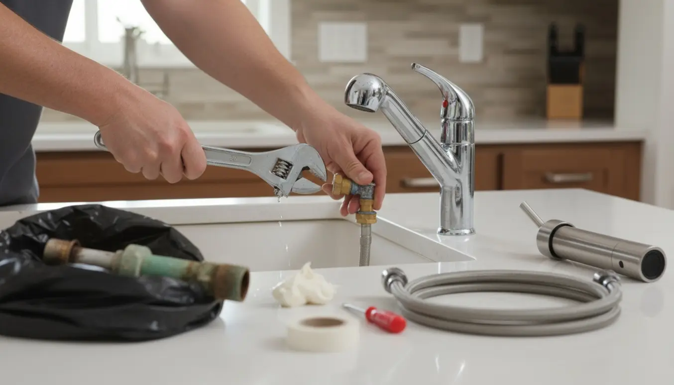 Hænder udskifter en køkkenvandhane ved vasken med nyt armatur på bordet og den gamle i en skraldesæk.