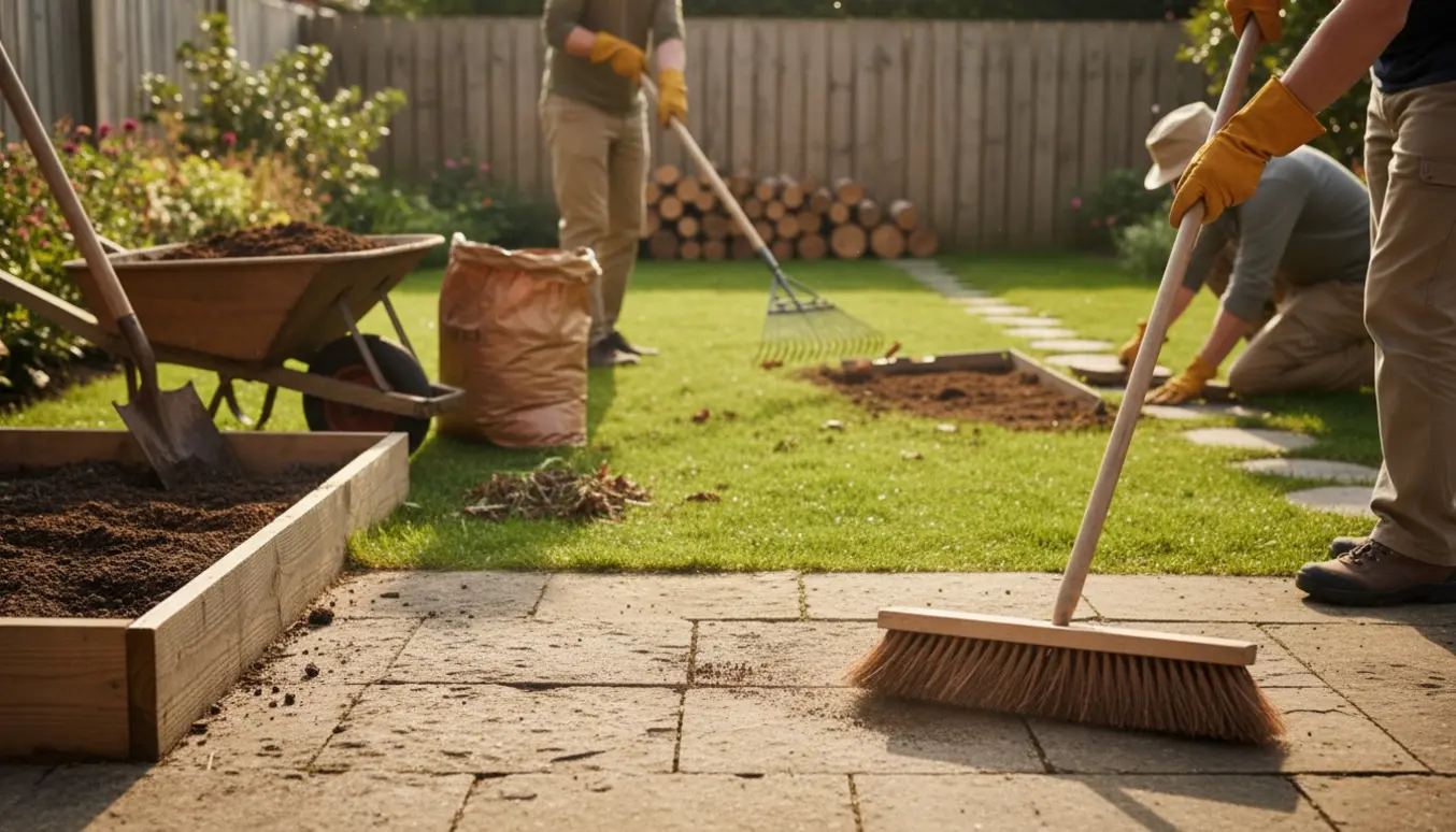 Solrig have med fejet terrasse, rivegræs, forberedt bed med jord og stablet brænde.