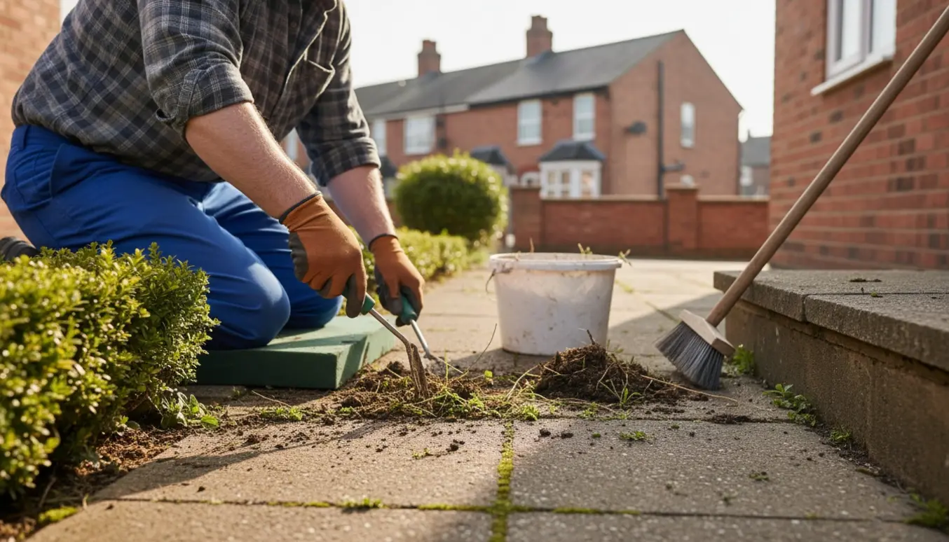 Hænder i handsker luger ukrudt mellem fliserne ved en lille have med hæk ved rækkehuse.