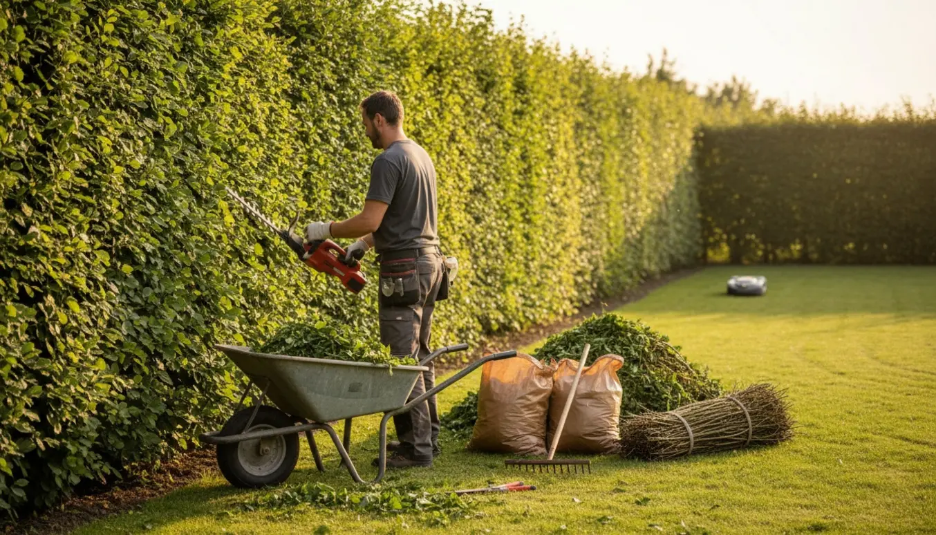 Havearbejde ved beskæring af en 1,5 m høj bøgehæk ved hjørnegrund med klip i en trillebør og robotplæneklipper på græsset.
