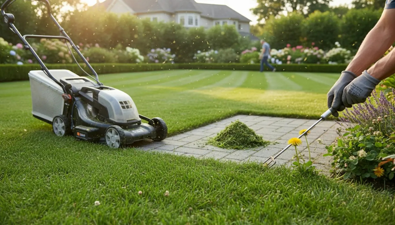 Stor nyklippet græsplæne med plæneklipper, handsker og fjernet ukrudt.