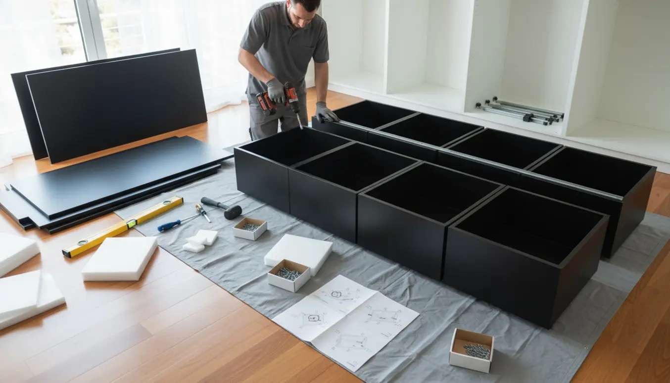 Delvist adskilt hvidt garderobeskab ved siden af sorte skabsdele og otte skuffer klar til montering i et lyst soveværelse.