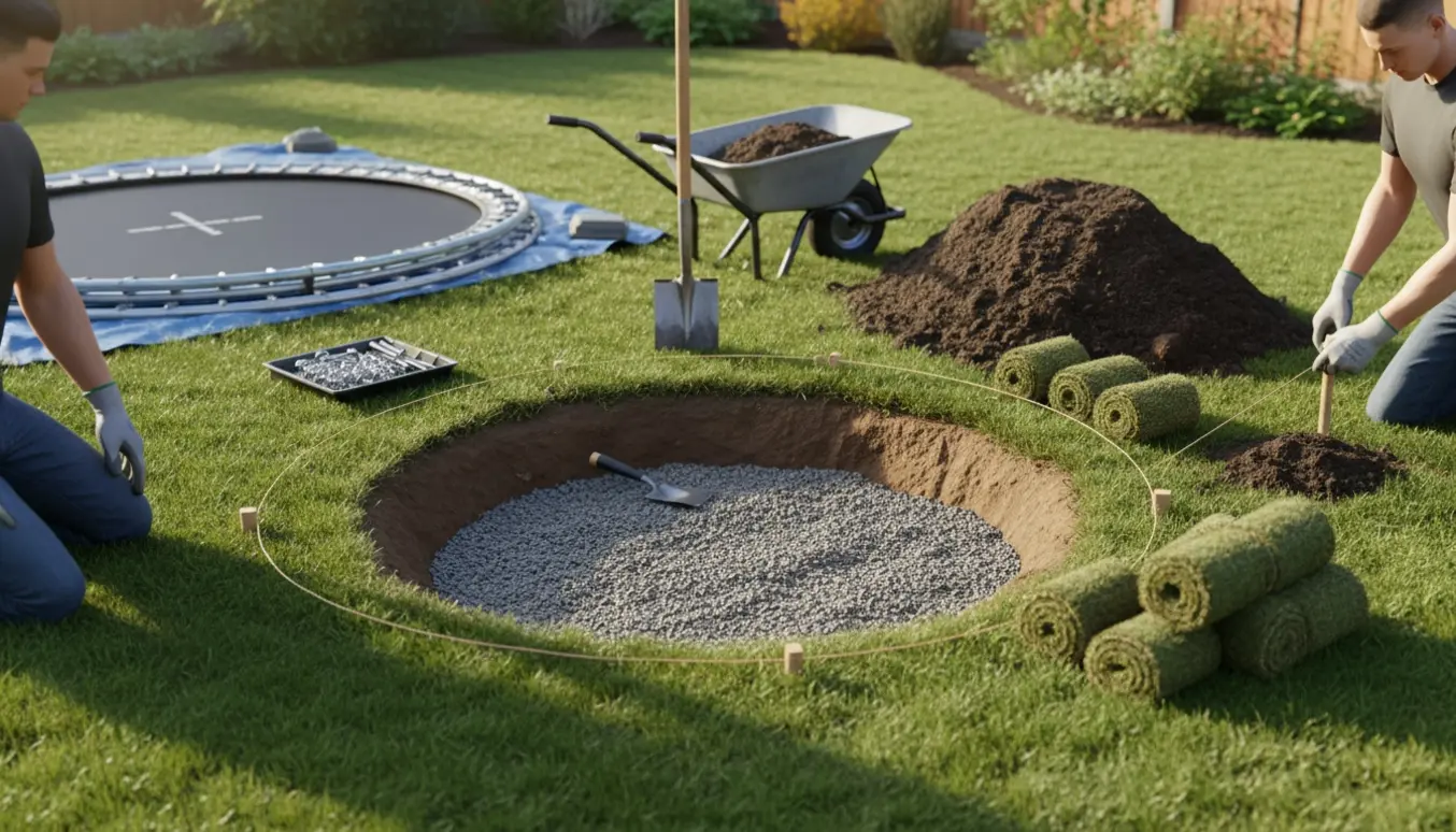 Nyudgravet rundt hul i haven til nedgravet trampolin med værktøj og jord stablet ved siden af.