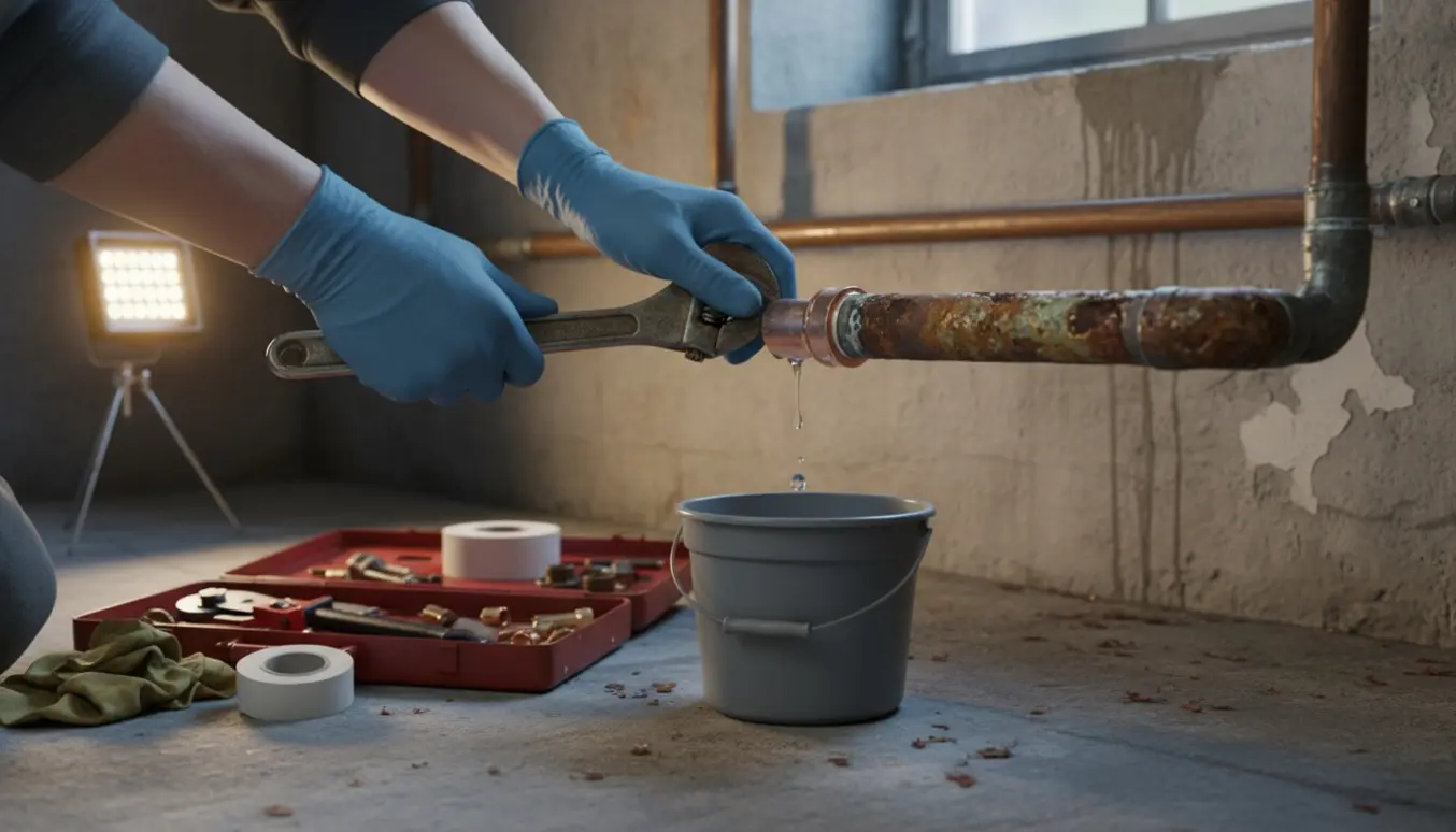 Nærbillede af hænder, der udskifter et tæret rør i en kælder med værktøj og arbejdslampe.