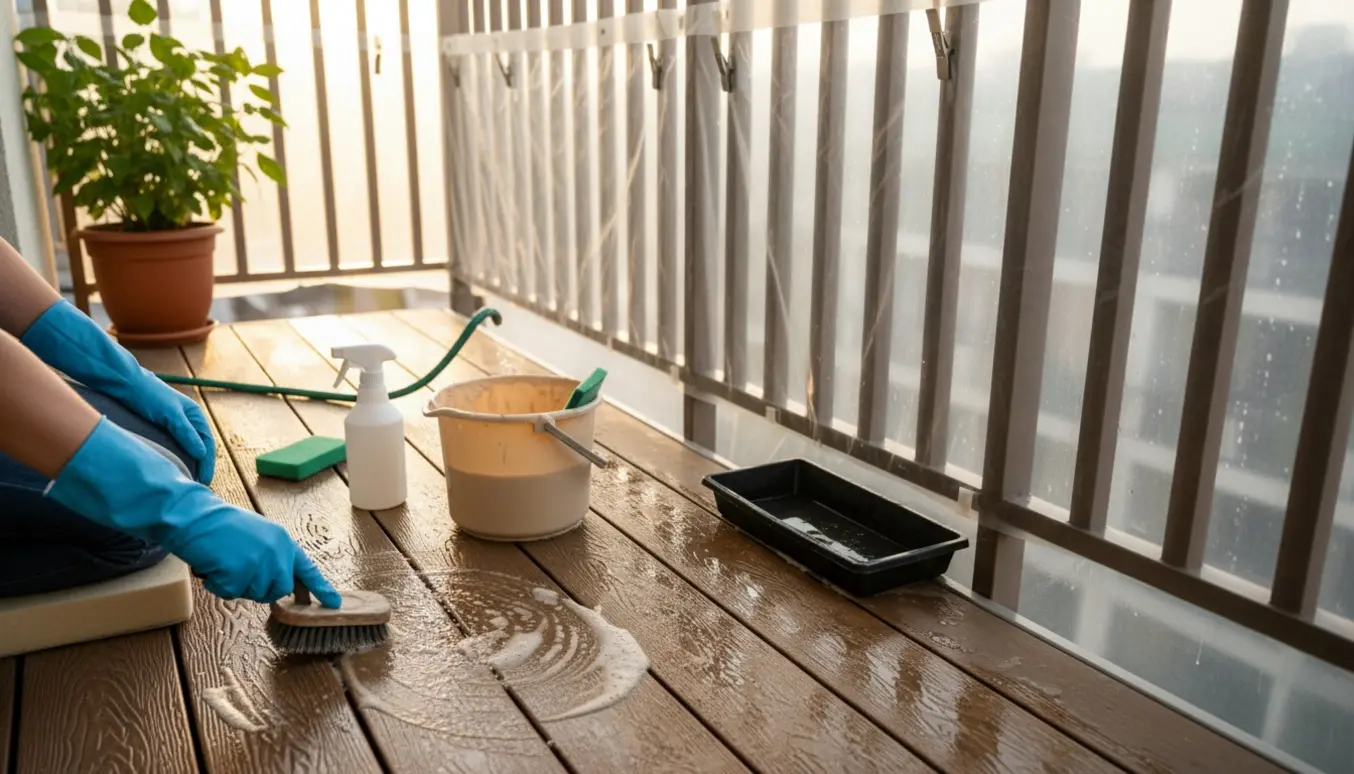 En person skurer en kompositaltan med brun sæbe og afdækning for at undgå afløb til underboen.