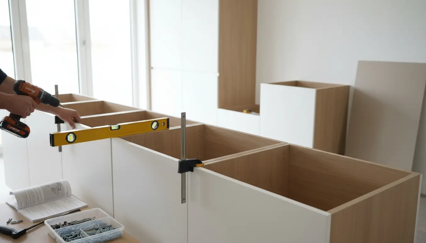 Montering af et skandinavisk køkken med forsamlede skabe, to høje skabe i den ene side og to små skabe som bænk.