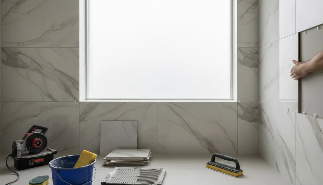 Marmerlook fliser monteres præcist omkring et badeværelsesvindue med laserskårne kanter.