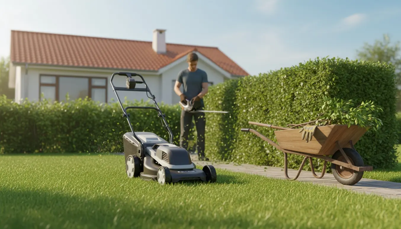 Nyklippet græs og en hæk under trimning i en velholdt have.