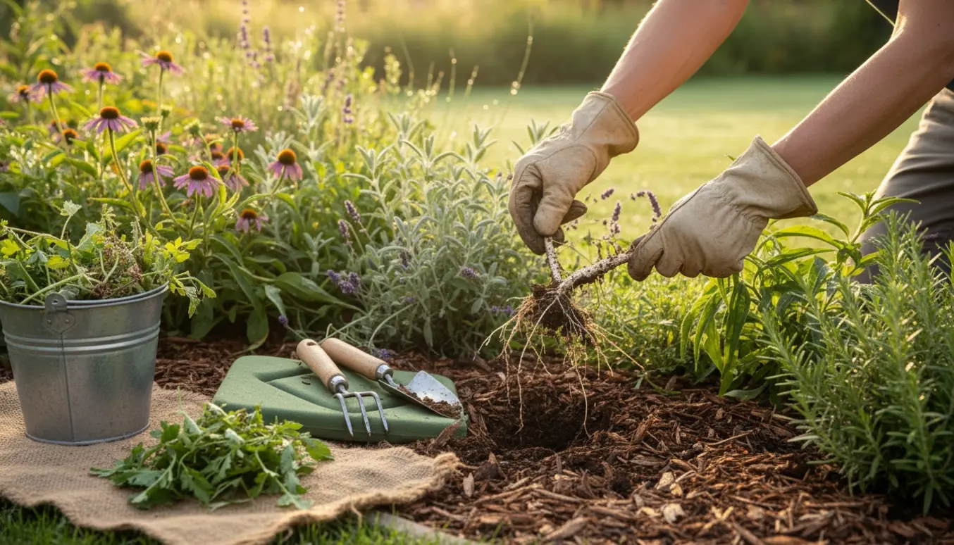 Hænder i havehandsker trækker ukrudt op af et muldet blomsterbed i blødt morgennylys.