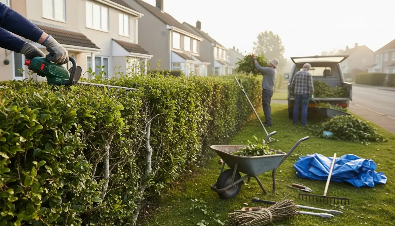 Naboer får klippet bøgehæk og læsser hækkeaffald i en varevogn på en solrig forstadsvej.