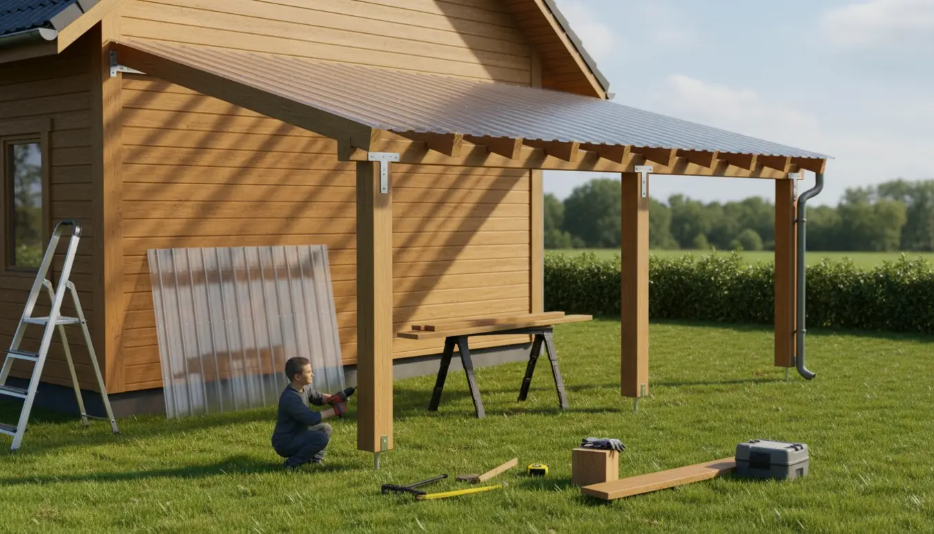 Overdækket terrasse med termoplader monteret på træhus og tre stolper i græsset.