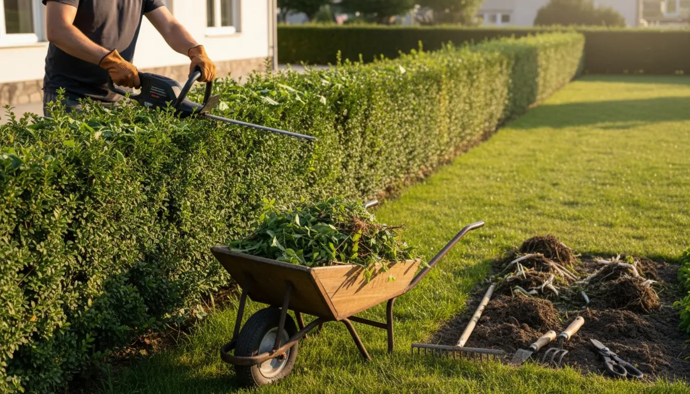 Handskerede hænder klipper hæk, mens en trillebør og en lille trailer er fyldt med grønt haveaffald.