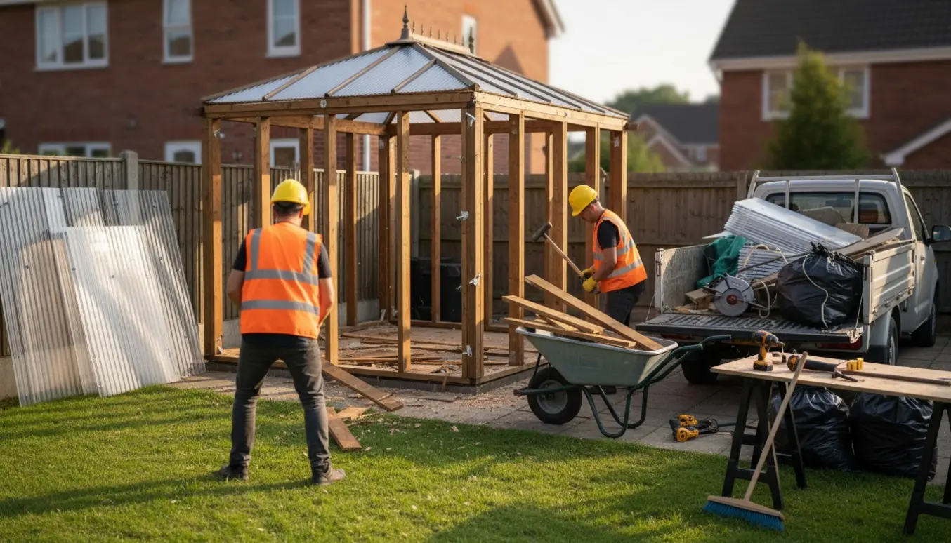 Nedrivning af en fritstående udestue med træramme og bølgeplast, arbejdere læsser affald.