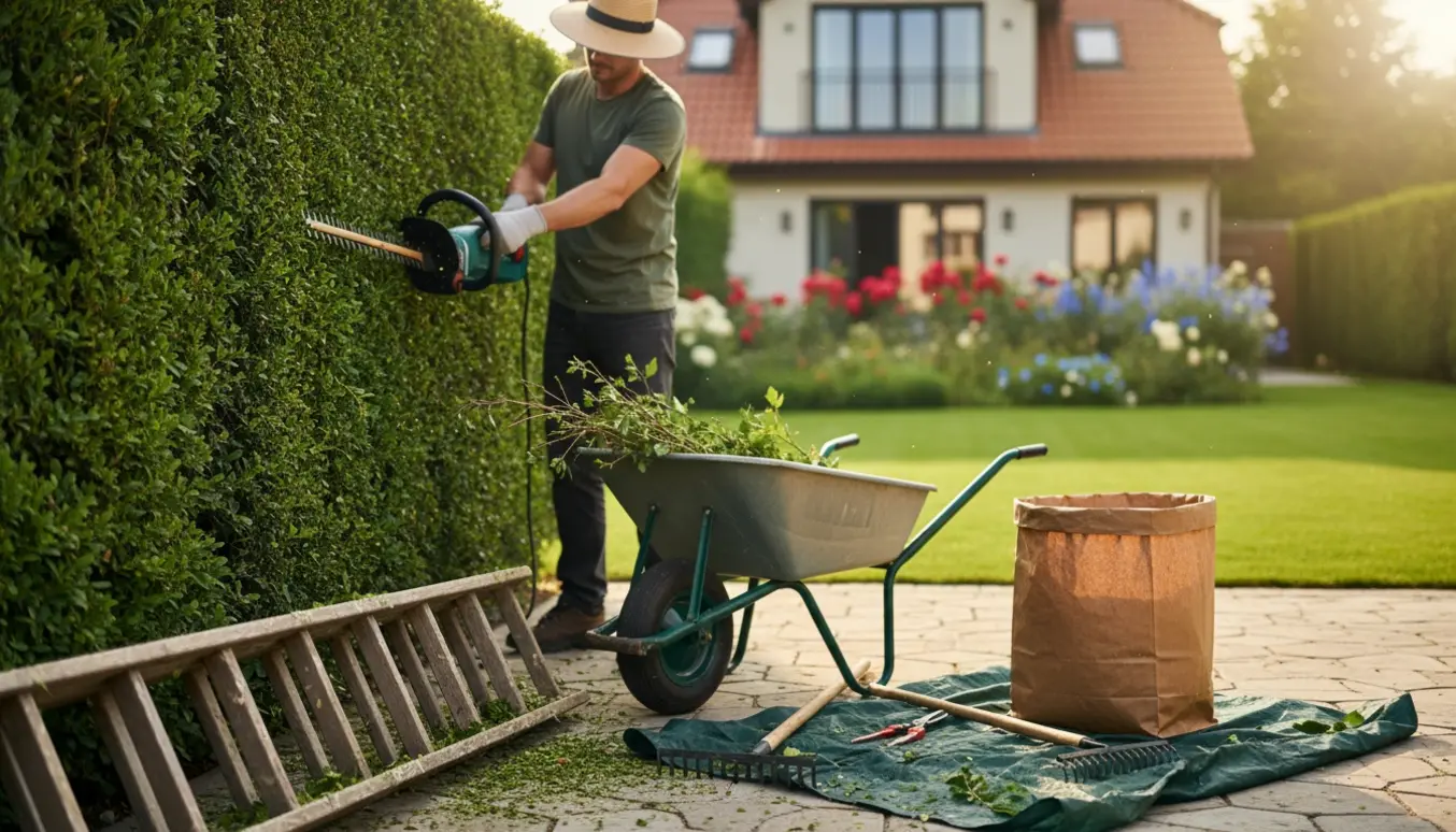 Hækkeklipning med hækkeklipper, handsker, haveredskaber og opsamlet afklip i forgrunden.