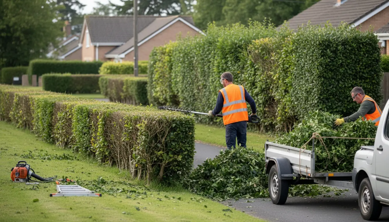 Lang ligusterhæk ved en villavej med en arbejder set bagfra, nyslået side og en trailer fyldt med afklip klar til bortkørsel.